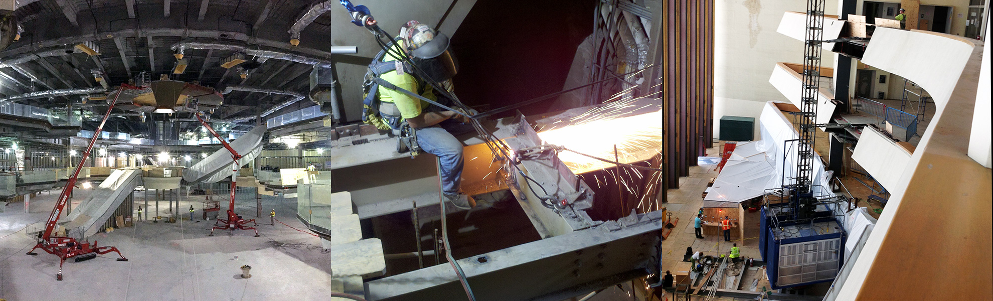 interior demolition inside a mall, a welder, renovation of United Nations interior